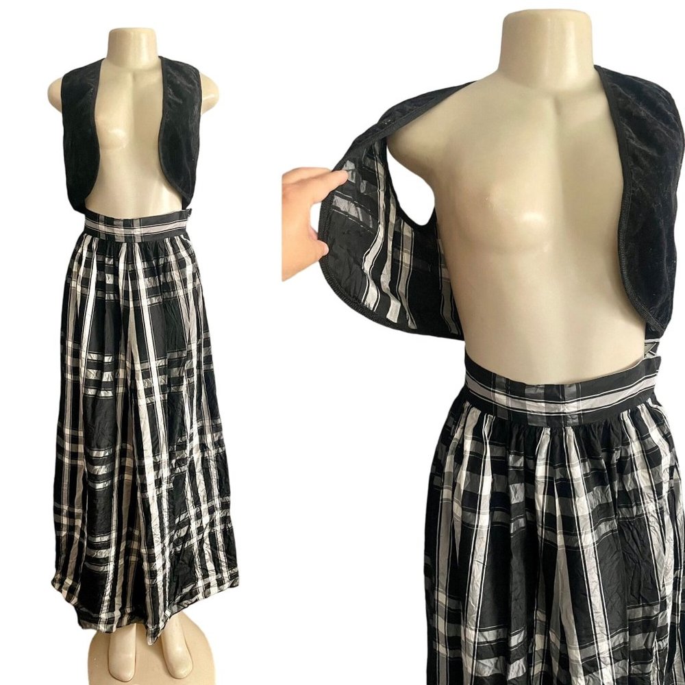 Vintage Vest & Skirt Set by Non Stop in Black plaid and Suede size XS S 1970s.